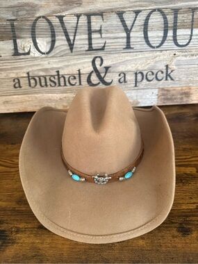 Tan Western Cowboy Hat with Turquoise Beaded Band